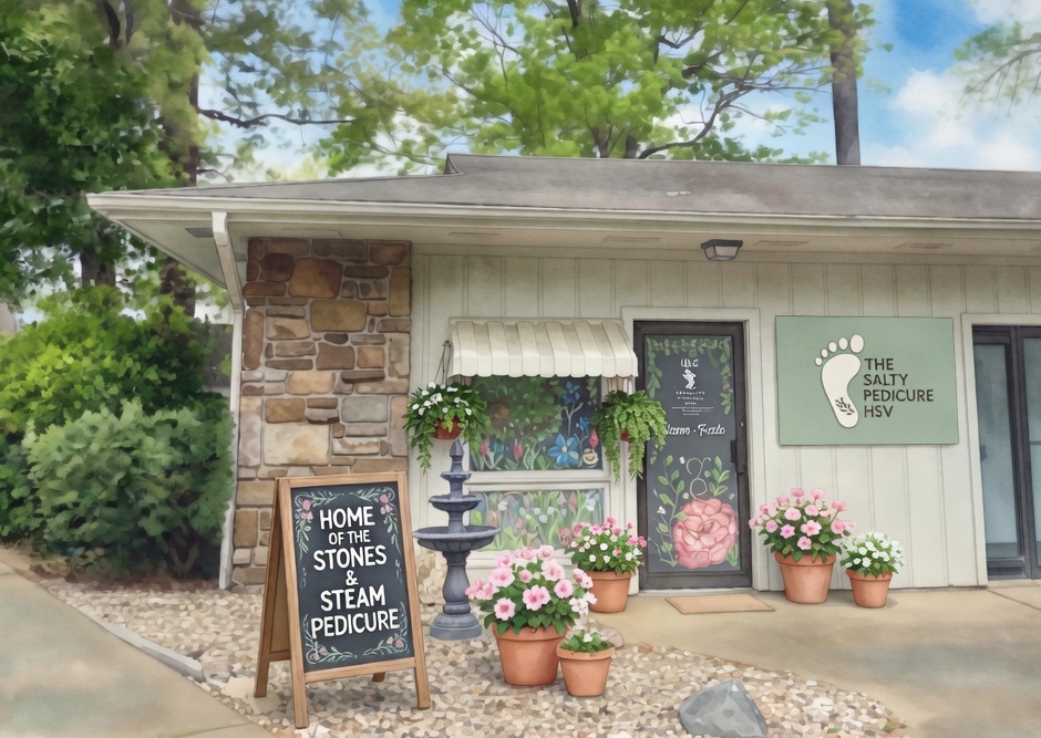 Watercolor illustration of The Salty Pedicure HSV salon in Hot Springs Village